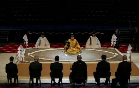 A ring-blessing ceremony takes place ahead of the Grand Sumo Tournament in London