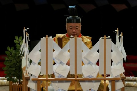 Sumo referee Kimura Shonosuke leads the ring-blessing ceremony ahead of the Grand Sumo Tournament at the Royal Albert Hall in London