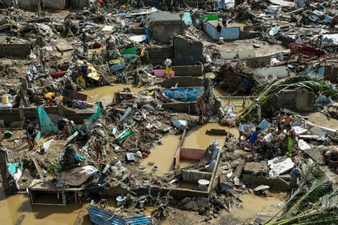 An aerial photo shows houses smashed by Typhoon Kalmaegi in Cebu province's Talisay