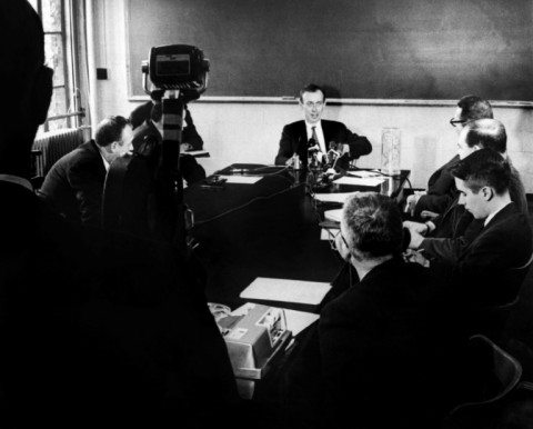 American scientist James Watson speaks to reporters in 1962 after being awarded the Nobel Prize in Physiology and Medicine