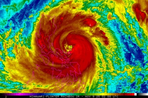 This handout from the US' National Oceanic and Atmospheric Administration taken on November 9 shows satellite imagery of super typhoon Fung-wong as it approaches the Philippines