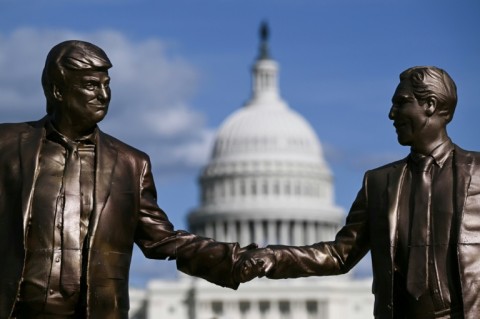 A statue depicting US President Donald Trump and Jeffrey Epstein holding hands is seen near the US Capitol on October 2, 2025