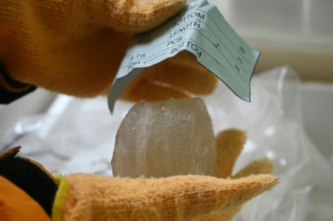 Ice core samples taken from a glacier in the Pamir mountain range in Tajikistan are stored in a -50 degree C storage room in Hokkaido, Japan