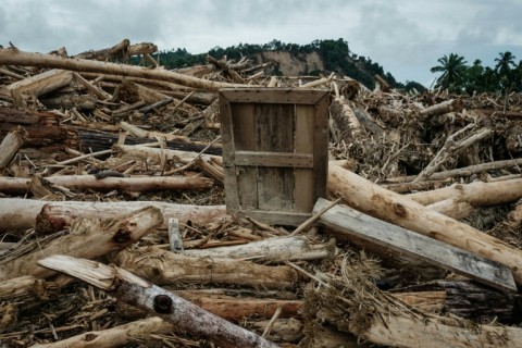 Uprooted trees swept away by flash floods have ravaged homes and businesses in Indonesia's Pengidam village