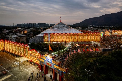 An aerial view shows the record-breaking bamboo structure for staging rituals and performances