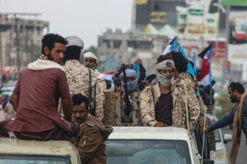 Members of the Sabahiha tribes of Lahj gather during a rally to show their support for the UAE-backed Southern Transitional Council in Aden on December 14