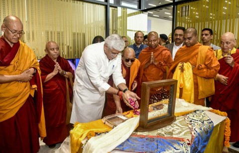 India's Minister of Culture Gajendra Singh Shekhawat performed a ritual in July to mark the the repatriation of the Piprahwa relics, which have since been displayed in public at an exhibition in New Delhi