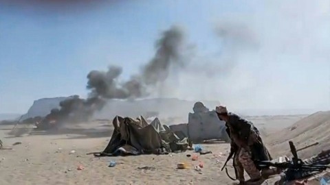A video grab taken from images released by Aden Independent Channel (AIC TV) shows the moment a strike hits the Southern Transitional Council (STC) forces in Seiyun, in Hadramawt province