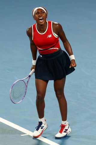 Coco Gauff celebrates victory against Poland's Iga Swiatek at the United Cup