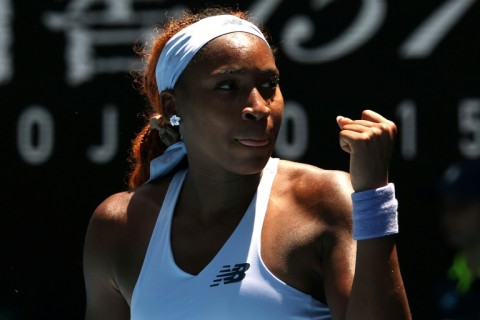 Coco Gauff celebrates after defeating Uzbekistan’s Kamilla Rakhimova at the Australian Open