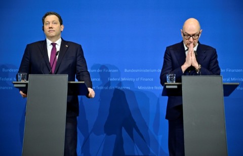 German Vice Chancellor and Finance Minister Lars Klingbeil, on the left, and French Economy and Finance Minister Roland Lescure give a joint statement in Berlin