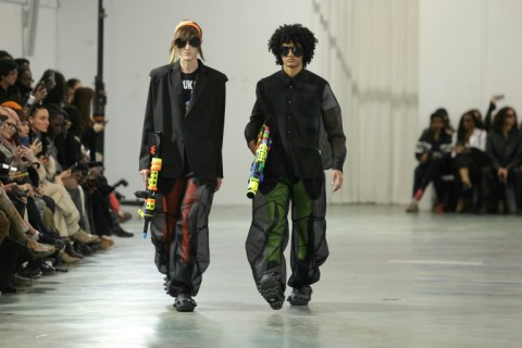 Models at Walter Van Beirendonck's show in a disused university building