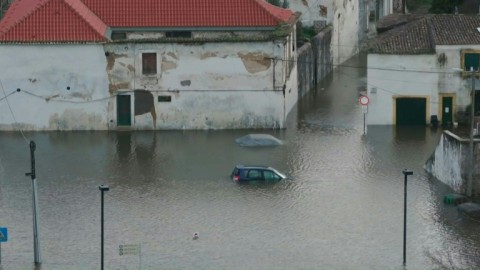 AERIAL: Flooded city of Santarem in Portugal