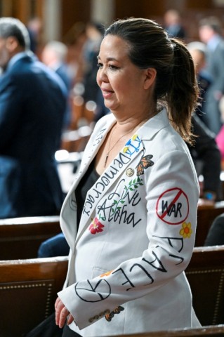 US Representative Jill Tokuda, Democrat of Hawaii, looks on before US President Donald Trump delivers the first State of the Union address of his second term