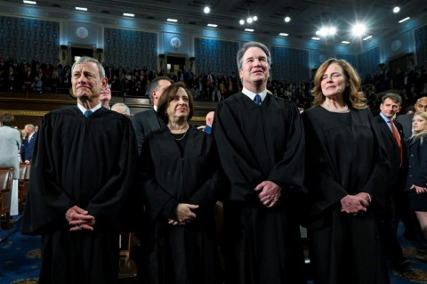 US Supreme Court Chief Justice John Roberts Jr., Justice Elena Kagan, Justice Brett Kavanaugh and Justice Amy Coney Barrett occupied their usual front-row spot during the State of the Union