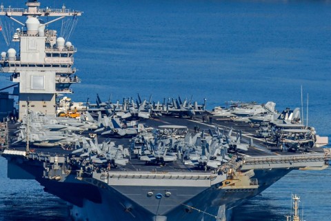 The US Navy aircraft carrier USS Gerald R. Ford was part of the huge build-up of forces in the region ahead of the strikes