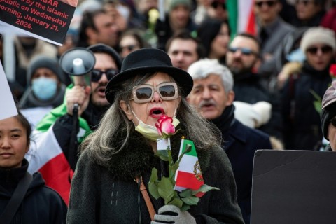 Protestors call for regime change in Iran, US intervention and for the end of the Islamic Republic at a rally in Copley Square in Boston