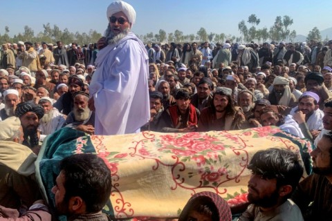 Relatives and mourners attend the funeral ceremony of victims who were killed during Pakistani airstrikes in the Ghani Khel district of Nangarhar province on March 1, 2026 amid ongoing cross-border fighting between Afghanistan and Pakistan.
