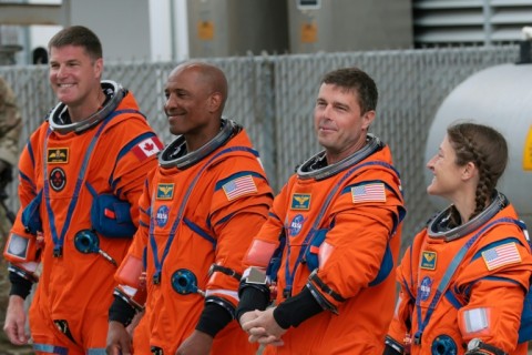 Mission specialist Jeremy Hansen, pilot Victor Glover, commander Reid Wiseman and mission specialist Christina Koch ahead of the launch
