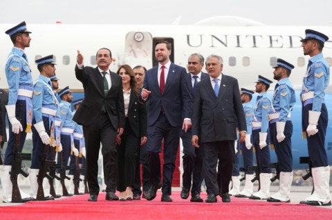 US Vice President JD Vance (C) was greeted by Pakistani leadership ahead of peace talks with Iran
