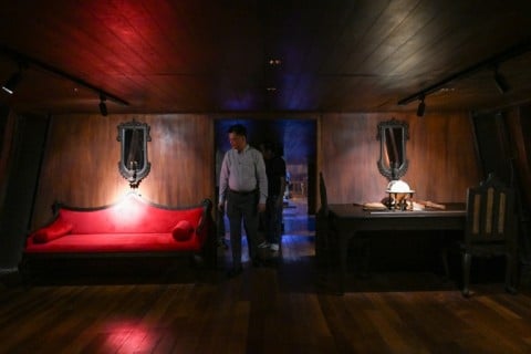 Museo del Galeon Executive Director Manuel Quezon leading a tour of the Galeon Espiritu Santo, a full-scale representation of a 17th century galleon, on display at the Museo del Galeon in Manila