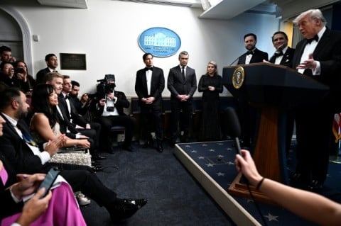 US President Donald Trump (R) speaks during a press briefing in the Brady Briefing Room at the White House in Washington, DC, shortly after a shooting incident at the White House Correspondents’ Dinner