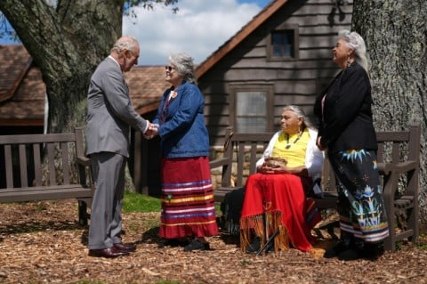 Britain's King Charles III speaks with members of the Monacan Indian Nation during a visit to Shenandoah National Park, in the US state of Virginia