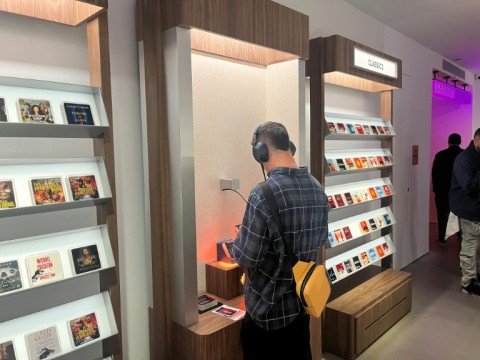 Audiobook tablets called 'story tiles' line the shelves of the store
