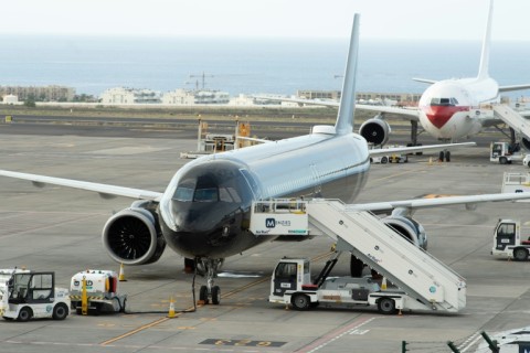A plane to be used to repatriate occupants of the MV Hondius stands at the airport of Tenerife South