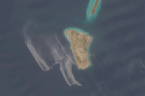 This satellite image obtained from Copernicus Sentinel Data 2026 on May 8, 2026, appears to show an oil slick spreading off the coast of Kharg Island, a key oil export terminal for Iran