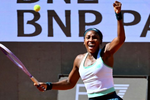 Coco Gauff celebrates reaching the quarter-finals of the Italian Open