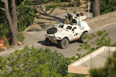 A United Nations Interim Force in Lebanon (UNIFIL) armoured vehicle patrols the southern Lebanese border area of Marjayoun