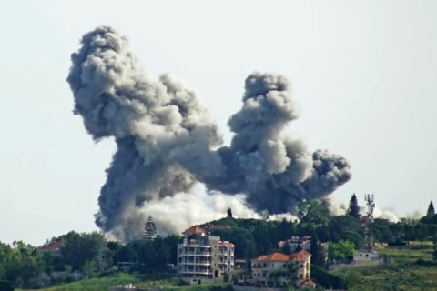 Smoke rises from the site of an Israeli airstrike that targeted the southern Lebanese village of Choukine