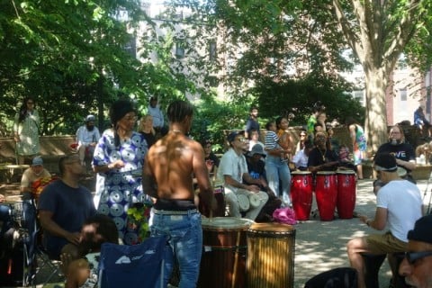 A percussion group plays music in Meridian Hill Park - historically a place for Washington's Black community to gather