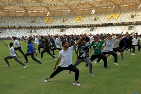Youths attend an activity at Benghazi International Stadium in Benghazi on May 22, 2026
