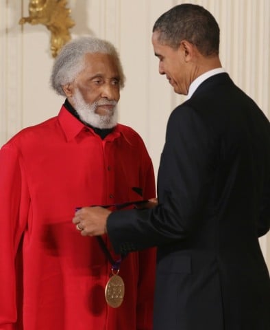 US president Barack Obama presents the 2010 National Medal of Arts to musician Sonny Rollins, whose music championed black pride