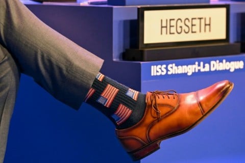 Socks featuring United States flag prints worn by US Secretary of Defence Pete Hegseth at the 23rd Shangri-La Dialogue summit