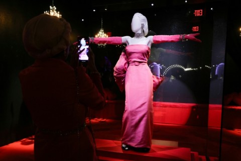 The iconic pink dress worn by Monroe during her performance of 'Diamonds Are a Girl's Best Friend', on display at the Academy Museum