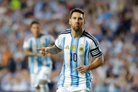 Lionel Messi celebrates after scoring in Auburn, Alabama