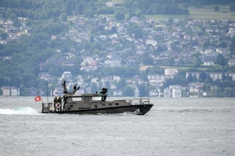 A Swiss military boat patrolling on Lake Geneva ahead of the Group of Seven summit, being hosted this year by France