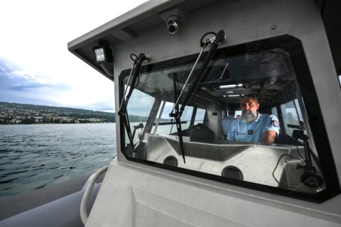 French gendarmes from the nautical brigade taking part in a training exercise in preparation for the G7 summit aboard the gendarmerie's new Rafale 1200 boat