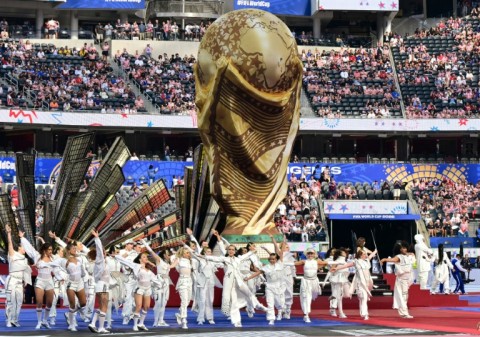 Celebrities including Halle Berry, Rob Lowe and Paris Hilton watched on as performers danced around a giant World Cup trophy