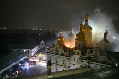 A deadly Russian barrage fired at Ukraine set fire to a UNESCO-listed cathedral in Kyiv