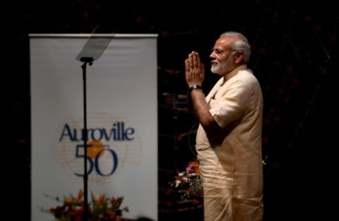 Indian Prime Minister Narendra Modi celebrating Auroville's 50th anniversary in 2018