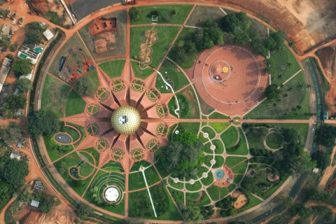 An aeriel view of the Matrimandir, the 'Temple of the Mother', at the centre of the Auroville spiritual community and yoga mecca near Puducherry in southern India