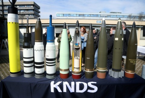 Tank and artillery shells at a KNDS media in Munich on March 19, 2026