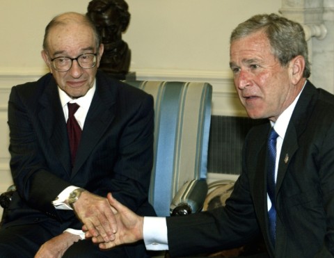 Alan Greenspan ran the Fed for four US presidents, the last of which was George W. Bush -- the pair are seen here in 2004