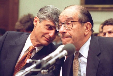 Then US treasury seceratry Robert Rubin (L) and Federal Reserve chairman Alan Greenspan (R) -- seen testifying before Congress in 1995 -- once graced the cover of Time magazine under the headline "The Committee to Save the World"