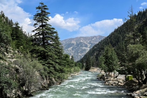 The river Parun flowing along a hillside on the outskirts of Parun district in Afghanistan's Nuristan province