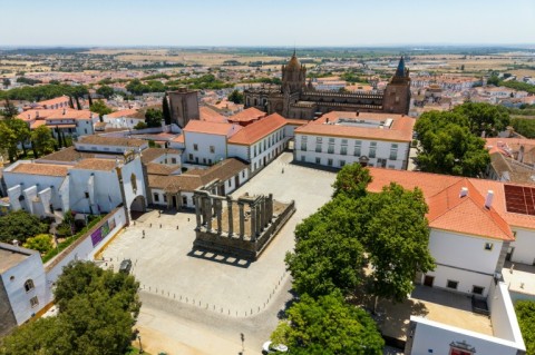 An aerial view of the Temple of Diana, which along with the streets of Evora emptied in the afternoon